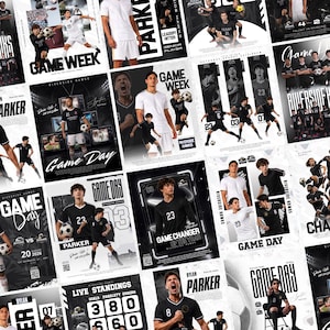 Könnte beinhalten: Eine Collage aus Sportpostern mit Fußballspielern in schwarzen oder weißen Trikots, einige halten Fußbälle. Die Designs enthalten fetten Text wie GAME DAY, GAME WEEK und RIVERSIDE HAWKS sowie Spielernamen wie PARKER und DYLAN.