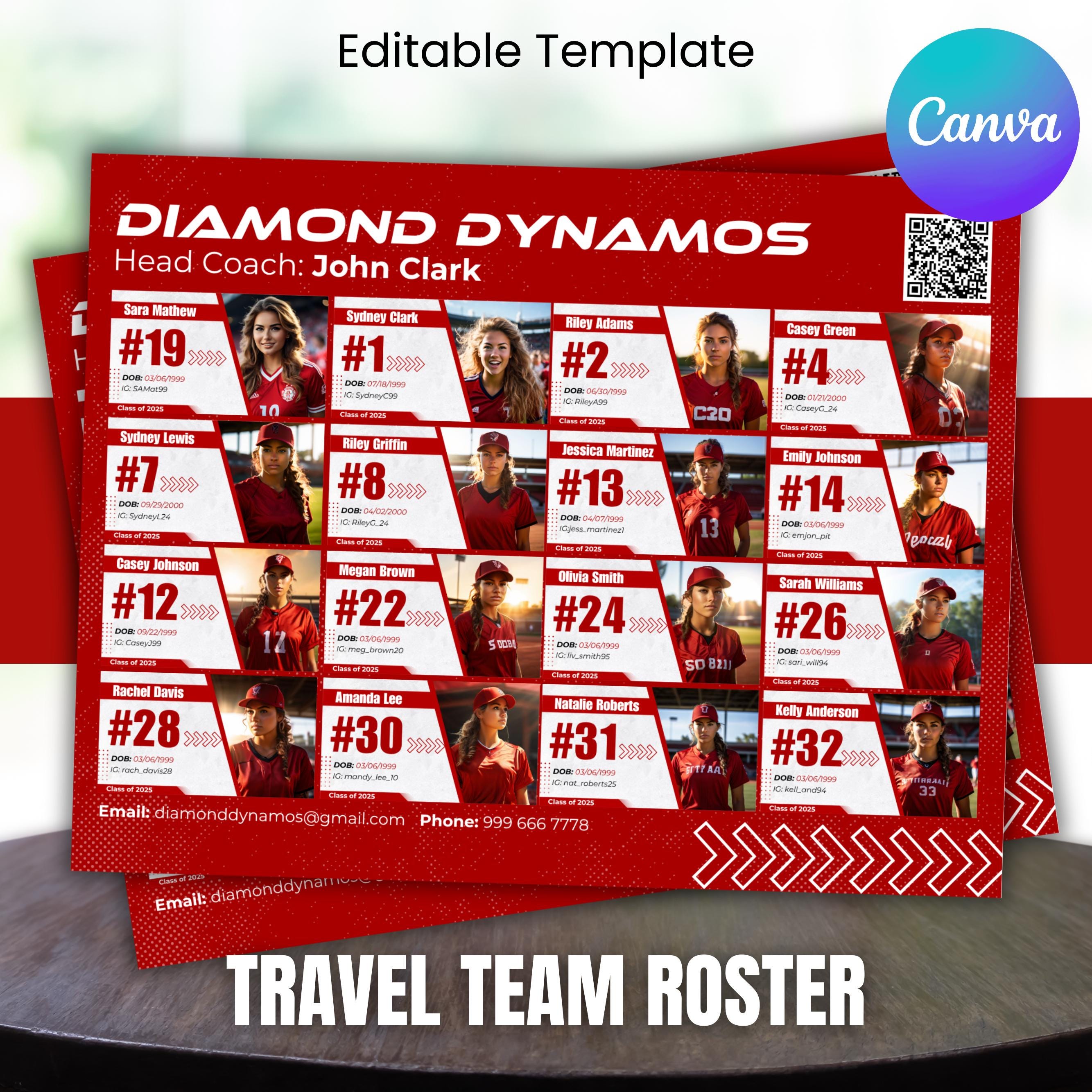 16 Player Travel Team Recruit Roster, Custom Team Roster Template for ...