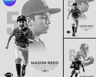 May include: Black and white graphic design featuring a young athlete in a baseball uniform, with a baseball glove and a baseball. The text reads "MASON REED, Riverside Athletic Academy, Youth Basketball Program, Shooting Guard, #5."