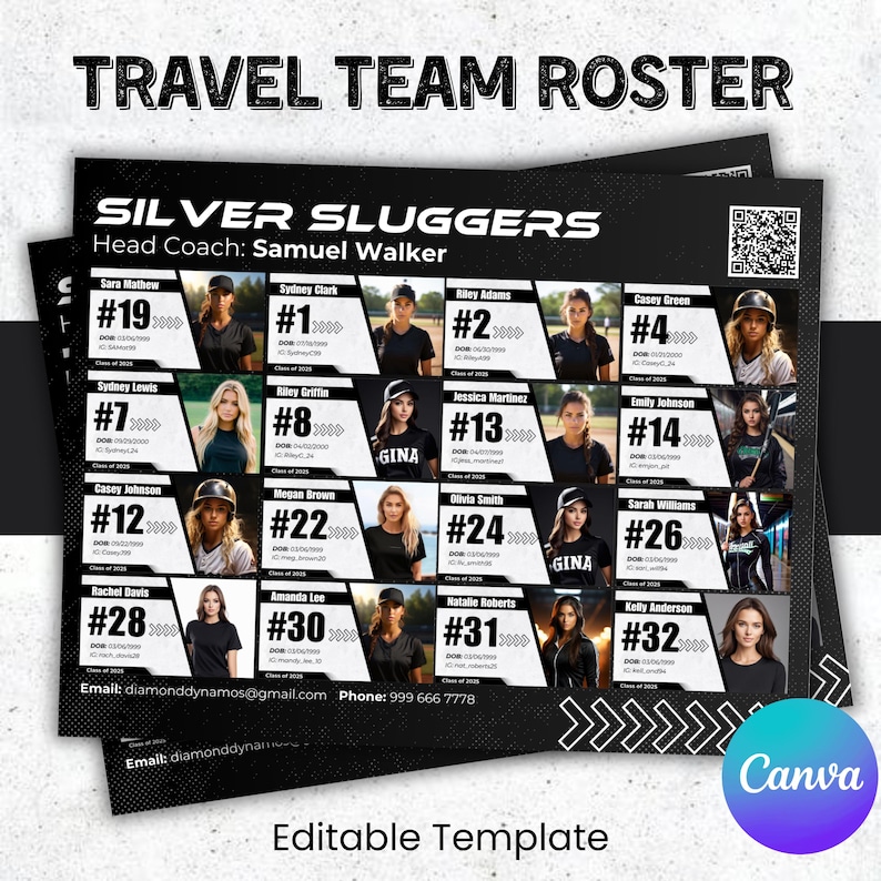 New Name Roster 16 Player Travel Team Recruit Roster, Custom Team Roster Template for ...