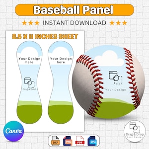 May include: A digital design for a baseball panel, featuring a baseball graphic and two templates. The design includes the text "Baseball Panel" and "Instant Download". The sheet size is 8.5 x 11 inches. Includes file formats: DXF, PNG, PDF, and SVG.