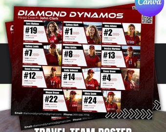 Travel Team Rekrut Roster, Benutzerdefinierte Team Roster Vorlage für jede Sportart Softball, Baseball, Basketball, Athletenprofil, Canva Vorlage