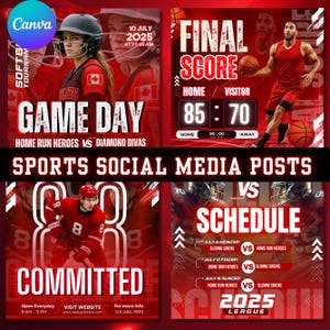 Canva Sports-sjablonen voor sociale media, softbaltoernooi Gameday, voetbal, schema, basketbal, eindscore, ijshockey, toegewijde sjablonen