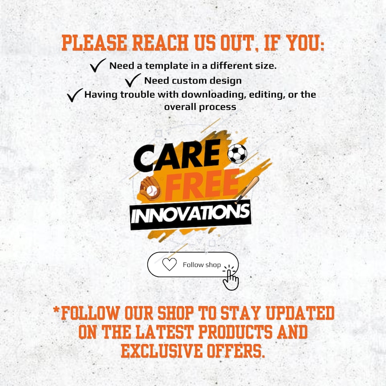 May include: A white background with orange text. The text reads "PLEASE REACH US OUT, IF YOU:" followed by bullet points. The image also includes the text "CARE FREE INNOVATIONS" and a call to action to follow the shop.