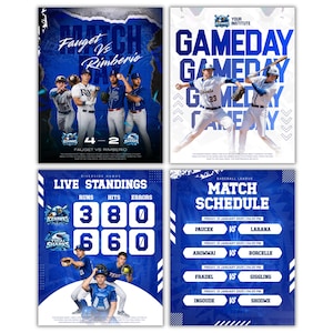 May include: Four baseball-themed posters in blue and white. One poster shows "Match Fauget vs Rimberio" with team logos and a score. Another displays "Gameday" with baseball players. The third shows "Live Standings". The last shows a "Match Schedule".