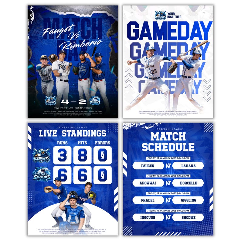 May include: Four baseball-themed posters in blue and white. One poster shows "Match Fauget vs Rimberio" with team logos and a score. Another displays "Gameday" with baseball players. The third shows "Live Standings". The last shows a "Match Schedule".