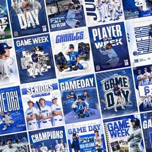 Pode incluir: Uma colagem de cartazes com tema de beisebol em tons de azul e branco. Os cartazes apresentam fotos de ação de jogadores, logotipos de equipes e texto como "Game Day", "Player of the Week" e "Champions". O tema geral é um evento esportivo.