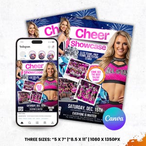 May include: A promotional flyer and Instagram post for a cheerleading showcase. The design features a cheerleader in a pink and black uniform, the words "Cheer Showcase," and event details. The flyer is available in three sizes: 5 x 7 inches, 8.5 x 11 inches, and 1080 x 1350 pixels.