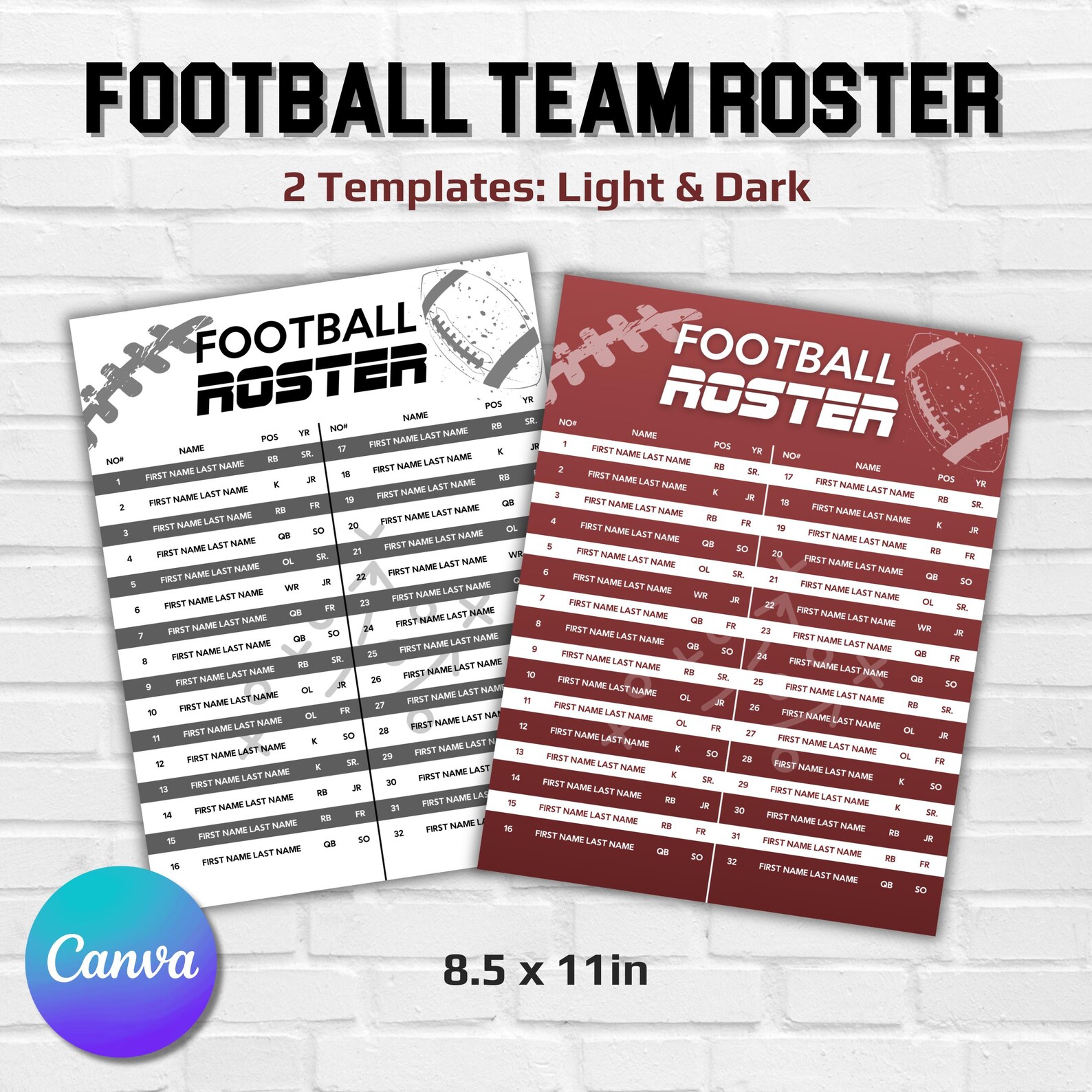 Football Roster Template, Team Roster Template, Football Template ...