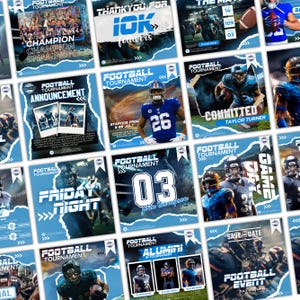 Puede incluir: Una colección de plantillas para redes sociales en azul y blanco para un torneo de fútbol americano, con fotos de acción de jugadores con casco y uniforme, tipografía llamativa, bordes rasgados y detalles de eventos.