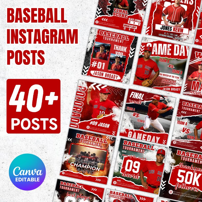 Puede incluir: Una colecci&oacute;n de plantillas de publicaciones de Instagram con tem&aacute;tica de b&eacute;isbol. El dise&ntilde;o presenta esquemas de color rojo y blanco con jugadores de b&eacute;isbol, detalles del torneo y el texto "Baseball Instagram Posts" y "40+ Posts". Plantillas editables de Canva.