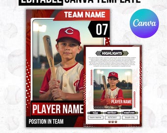 Baseball Trading Card Template, Editable Double-Sided Player Cards, Rookie Cards Design for Kids Little League, Youth Sports Trading Card