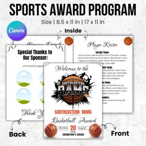 Può includere: Un programma di premiazione sportiva con il testo "SPORTS AWARD PROGRAM" in alto. La parte anteriore del programma presenta una grafica di basket e il testo "SOUTHEASTERN RAMS Basketball Award". Il programma misura 21,6 x 27,9 cm e 43,2 x 27,9 cm.