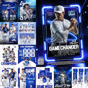 May include: A collage of baseball graphics in blue and white. The images feature team photos, player portraits, and game day announcements. Text includes "Game Changer of the Year" and "Riverside Hawks".