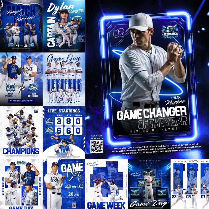 May include: A collage of baseball graphics in blue and white. The images feature team photos, player portraits, and game day announcements. Text includes "Game Changer of the Year" and "Riverside Hawks".