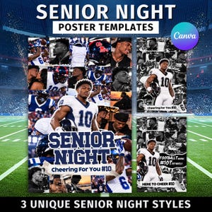Pode incluir: Um conjunto de modelos de cartazes para a Senior Night com várias fotos de jogadores de futebol americano em uniformes brancos e azuis. O texto diz SENIOR NIGHT, POSTER TEMPLATES, Cheering For You #10, FOOTBALL? MAYBE. #10? DEFINITELY. e HERE TO CHEER #10.