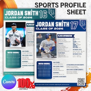 May include: Two sports profile sheets featuring baseball players. One sheet showcases a player in a Mariners uniform, the other a Dodgers uniform. Both sheets include player information, match schedules, and academic achievements.