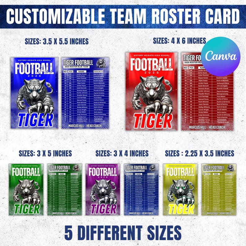 Editable Football Team Roster Card Template for Coaches | Customizable ...