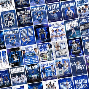 Pode incluir: Uma colagem de cartazes promocionais com tema de beisebol em tons de azul e branco. Os cartazes apresentam jogadores de beisebol, horários de jogos e as palavras "Gameday", "Game Week" e "Player of the Week". Os cartazes são projetados para uma equipe esportiva.