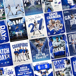 May include: A selection of blue and white baseball posters. The posters display baseball players, match schedules, and text including "Game Day," "Champions," and "Game Week." The posters have a modern, dynamic design.
