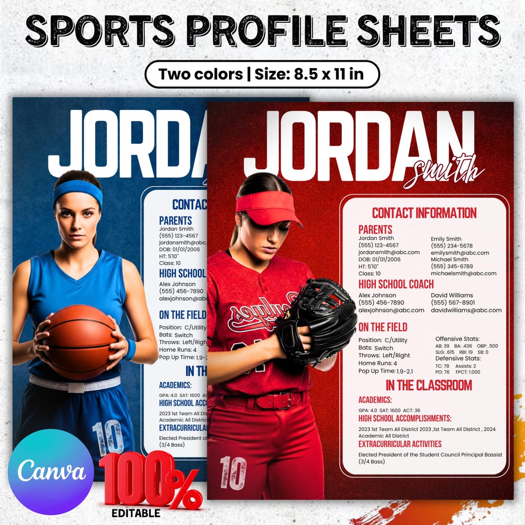Sports Profile Sheet Template for Athletes | Editable Player Profile ...