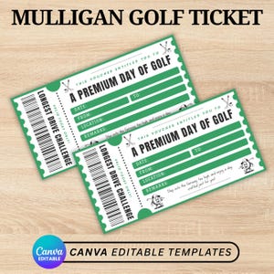 May include: Two green golf tickets with the text "Mulligan Golf Ticket" at the top. The tickets read "A Premium Day of Golf" and include fields for date, location, and remarks. The text "Longest Drive Challenge" is also visible.