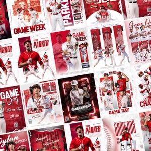 Puede incluir: Una colección de carteles promocionales de béisbol en rojo y blanco. Los carteles presentan jugadores, calendarios de juegos y texto como "Game Week", "Game Day" y nombres de jugadores como "Dylan Parker". El tema general es el deporte.