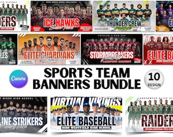 Puede incluir: Un paquete de banners de equipos deportivos con varios nombres y logotipos de equipos. Los banners presentan fotos de equipos, nombres de equipos y el texto "Clase 2026". El paquete incluye 10 diseños y está creado con Canva.