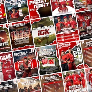 20+ mallar för sociala medier för softbollsporter | Redigerbara Canva-mallar för softbollmatcher och spelarfokus | Direktnedladdning