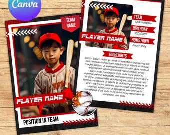 Op de afbeelding: Een sjabloon voor een baseball-verzamelkaart met een rood-wit-zwart kleurenschema. Het sjabloon bevat een foto-placeholder, ruimte voor de naam van de speler, de teamnaam, de verjaardag, de woonplaats, de positie en de hoogtepunten. De tekst "BASEBALL TRADING CARD" staat onderaan het sjabloon.