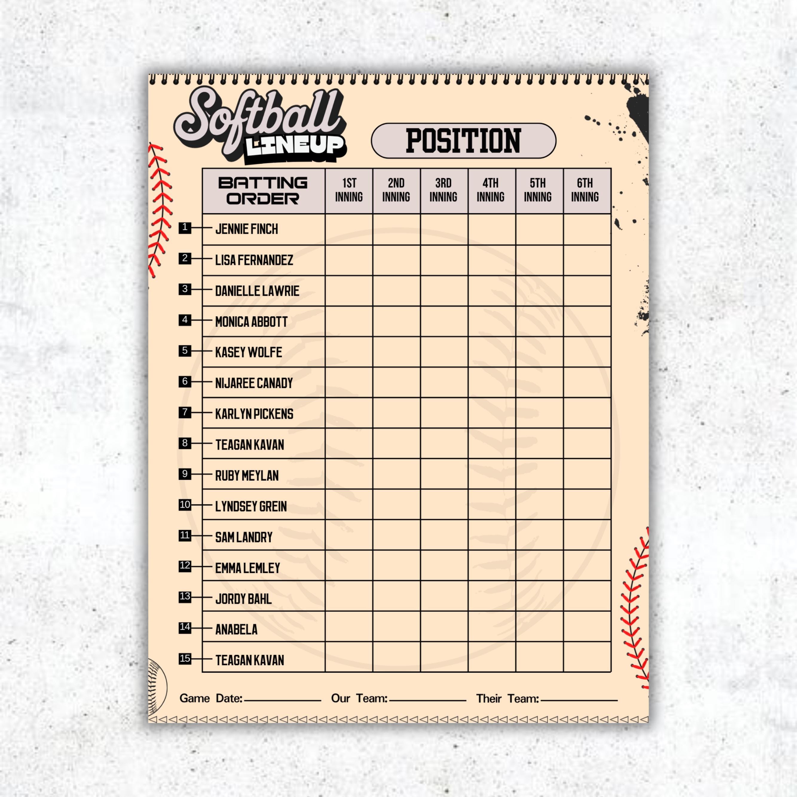 Softball Lineup Card, Softball Coach Roster, Softball Scoresheet ...