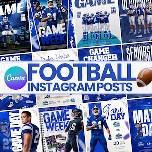 May include: A collection of digital templates for football Instagram posts featuring blue and white color schemes, various athletic imagery of players in uniforms, and bold typography including the text "GAME DAY," "GAME WEEK," and "FOOTBALL INSTAGRAM POSTS."