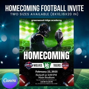Puede incluir: Una invitación de fútbol americano para el regreso a casa con el texto "HOMECOMING FOOTBALL INVITE" y "DOS TAMAÑOS DISPONIBLES (20x25, 40x50 cm)". El diseño presenta un jugador de fútbol, balones y detalles del evento.