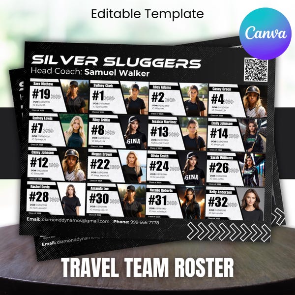 May include: A travel team roster template featuring the "Silver Sluggers" team, with player photos, numbers, and names. The design includes the team name, head coach's name, and contact information. The template is black and white with a Canva logo.