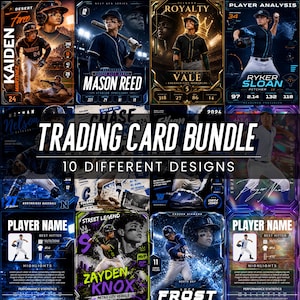 Puede incluir: Una colección de doce tarjetas de béisbol que muestran a varios jugadores en uniforme, poses de acción y marcas de equipo. Las tarjetas muestran nombres de jugadores, estadísticas de rendimiento y elementos gráficos con un texto central TRADING CARD BUNDLE 10 DIFFERENT DESIGNS.