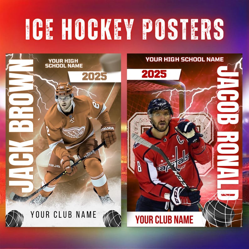 May include: Two ice hockey posters with players in action. One poster features a player in a brown jersey with the text "JACK BROWN" and "YOUR CLUB NAME". The other poster shows a player in a red jersey with the text "JACOB RONALD" and "YOUR CLUB NAME". The posters have the text "ICE HOCKEY POSTERS".