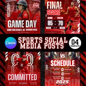 May include: A collection of four red and white sports social media posts. The posts feature game day announcements, final scores, and schedules for softball, basketball, and hockey. Each post includes team names, dates, and website information.