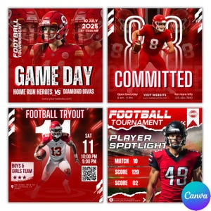 Op de afbeelding: Vier rood-witte posters die een American football-toernooi promoten. Ze tonen spelers, spelinformatie en tekst zoals "Game Day", "Committed", "Football Tryout" en "Player Spotlight". De posters zijn voor reclame.