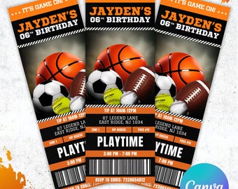 May include: Three orange and black birthday party tickets with sports balls. The tickets read "JAYDEN'S 06th BIRTHDAY" and "PLAYTIME" with a time range. Basketballs, soccer balls, footballs, tennis balls, and baseballs are featured.