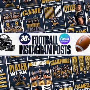 Puede incluir: Una colección digital de más de 30 plantillas de publicaciones de Instagram para fútbol americano con esquemas de color azul oscuro y dorado, fotos de acción de jugadores con uniforme, gráficos de día de partido y textos como Player of the Week.
