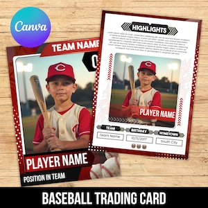 Op de afbeelding: Honkbal trading card design met een jonge honkbalspeler in een rode pet en uniform, met een knuppel. De kaart bevat ruimte voor team- en spelerinformatie, met een rode en witte rand. Het woord "Highlights" staat bovenaan.