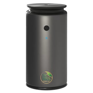 May include: A cylindrical, dark gray air purifier with a black top and base. It features a small black button and a blue light. The product has a logo with the text "Dr. Kiss NATURAL CARE" in a gold circle.