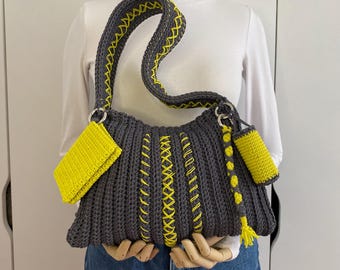 Handmade Crochet Luna Bag – Grey & Neon Yellow Shoulder Bag with Pouches