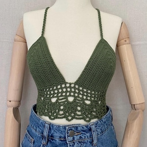 Knitted Lace Bustier Top: Forest Green Halter, Bohemian Style