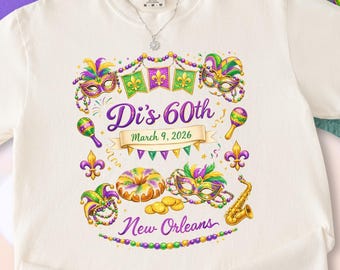 Personalized Mardi Gras Birthday Shirt, Custom Party Mug And Tumbler Gift, New Orleans Carnival Theme Bundle For 60th Birthday Celebration
