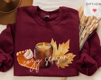 Sweat-shirt de saison douillet, pull bougie citrouille d'automne, sweat à capuche pour Thanksgiving, col rond aux couleurs confort de l'automne, cadeau tenue d'automne douillet