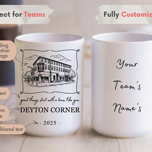 ceramic mug with team appreciation message, personalized company name and year, and team member names on the back, perfect gift for coworkers
