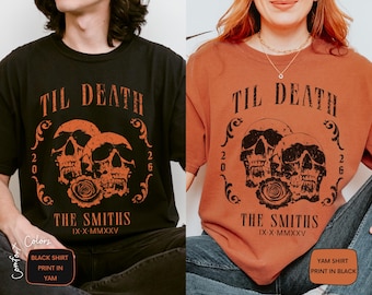 Camiseta personalizada de Halloween para novios, camiseta personalizada de pareja de esqueletos hasta la muerte, camiseta gótica para recién casados, artículos a juego para marido y mujer.