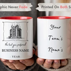 ceramic mug with team appreciation message, personalized company name and year, and team member names on the back, perfect gift for coworkers