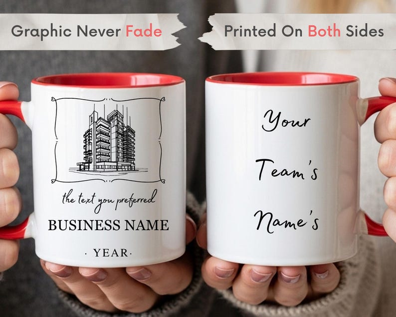 ceramic mug with team appreciation message, personalized company name and year, and team member names on the back, perfect gift for coworkers